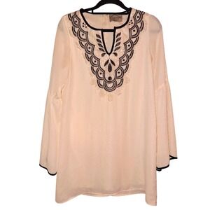 Deja Vu Cream Embroidered Bib Bell Sleeve Blouse Top‎ Black Trim Boho Tunics